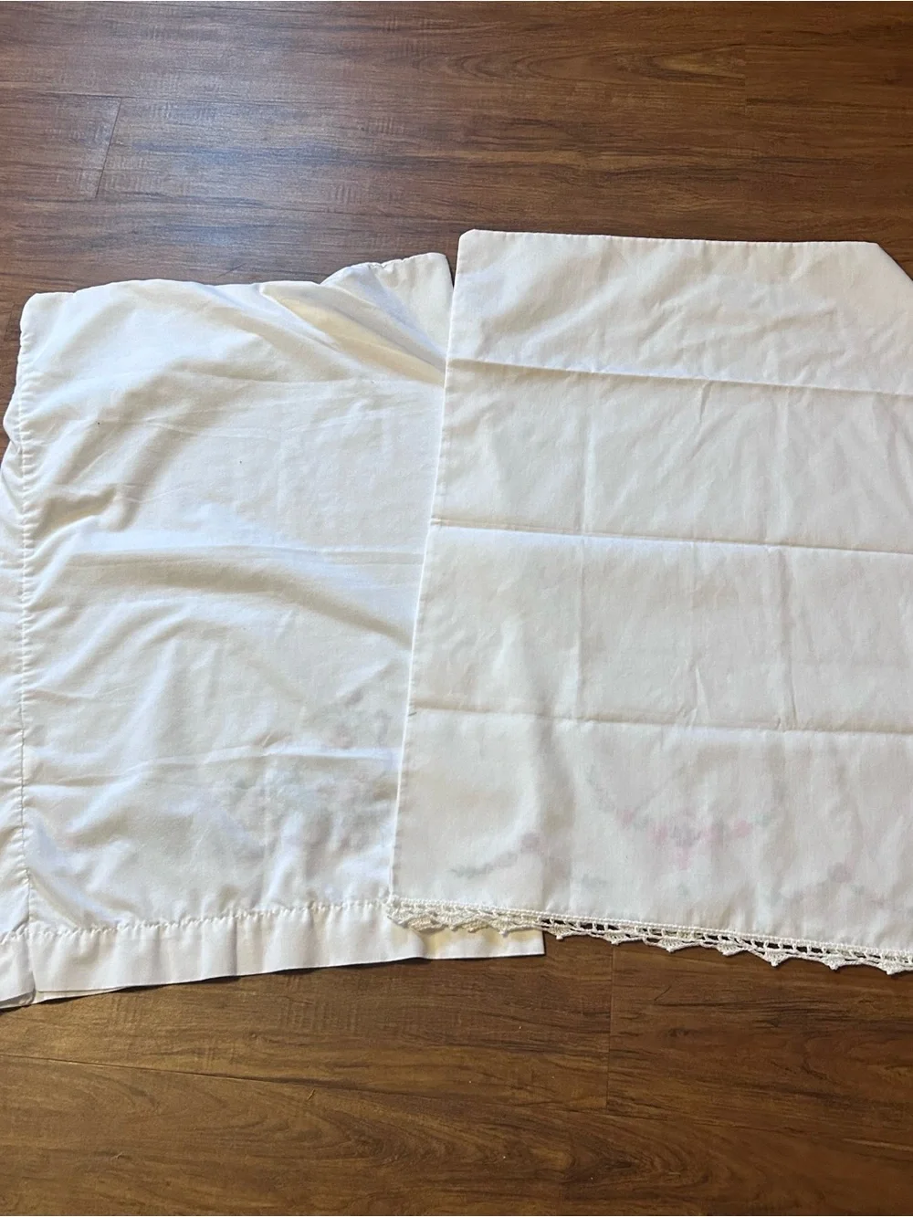Vintage White Pillowcase with Pink, Purple and Green Floral Embroidery pair